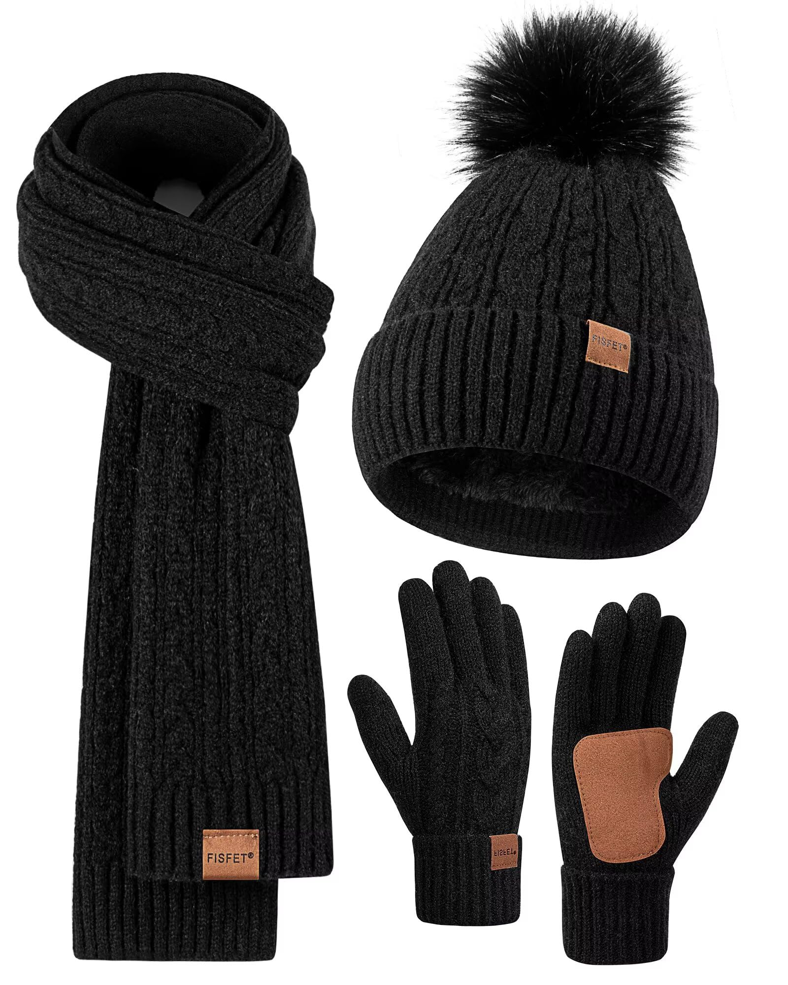 Winter Beanie Hat Scarf Gloves Set for Women, Pom Pom Beanie Fleece Lined Knit Neck Warmer Touchscreen Gloves 3 in 1 Gift Set